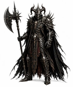Dark Fantasy Warlord with Skull Armor and Battle Axe Isolated on White