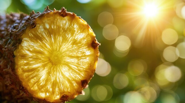 Translucent pineapple slice bathed in warm sunlight, creating a golden glow