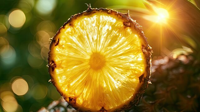 Glowing pineapple slice, backlit by a bright sun, showcasing texture