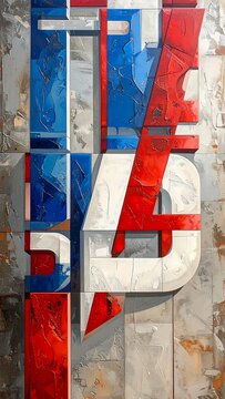 Abstract geometric wall relief art with red blue and white colors.