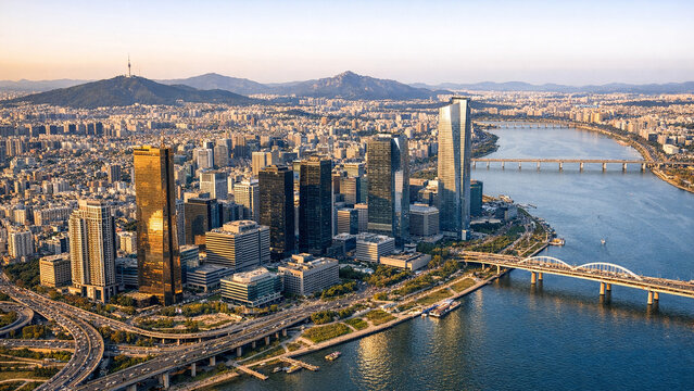 A panoramic view of the Seoul skyline with various modern buildings and the river at dusk.