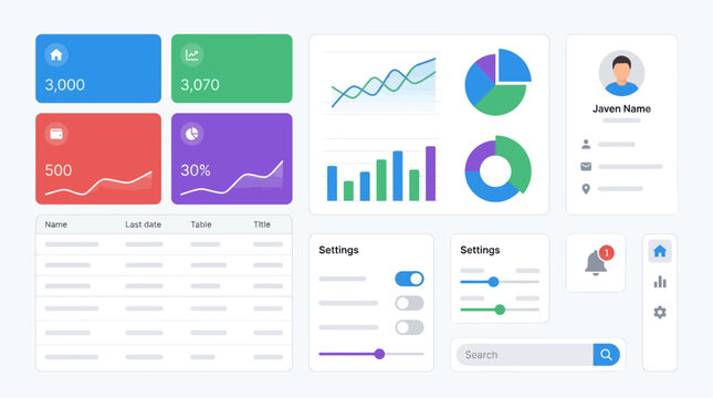 A comprehensive collection of modern user interface elements for web dashboards and applications, featuring charts, data cards, tables, and interactive controls.
