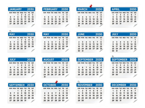 Wall calendar with months and dates for the year 2030 transparent background