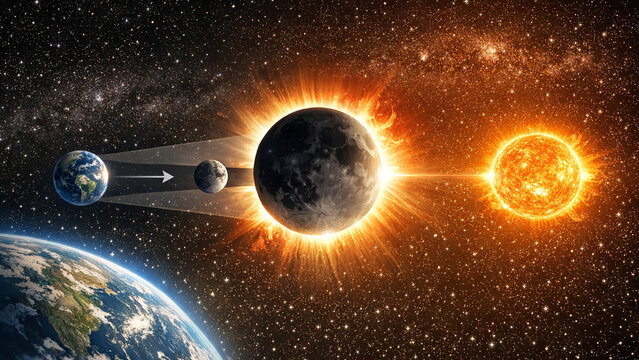Epic cosmic scene of the sun and moon with planets in orbit.