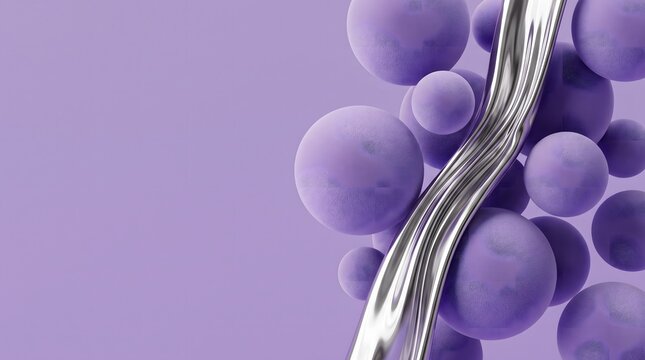 Premium commercial backdrop capturing matte lavender velvet spheres with a cascading current of high gloss liquid platinum metal and a clean uniform left vertical copy space