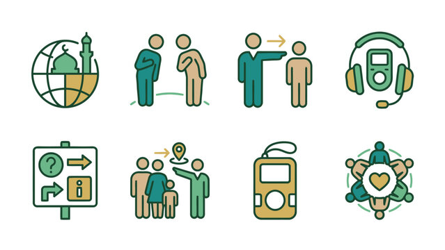 Social interaction line art icons related to tourism and community information