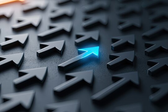 A bright blue arrow stands out amongst a field of gray arrows