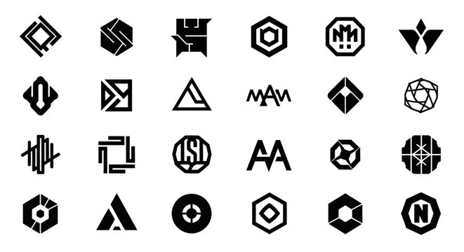 Collection of modern geometric logos with arranged rows plain white background symbols arranged elements abstract graphic embleme design with shapes