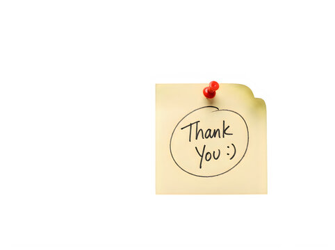 Yellow sticky note with thank you message and smiley face  gratitude expression transparent background