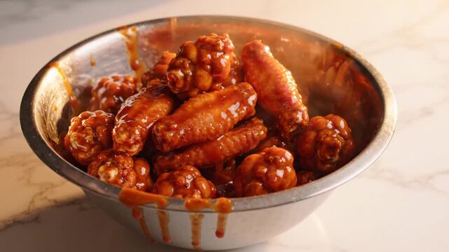 Delicious honey bbq chicken wings being tossed in a metal bowl, perfect for party snacks or dinner