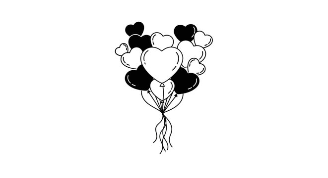 Heart shaped balloons tied together with strings white background bunch black white celebration decorations sentiments valentine emotions with symbols