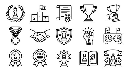 Sleek Black and White Line Icons Set Featuring Chess Themed Awards Achievements and Competitive Symbols © Anyay