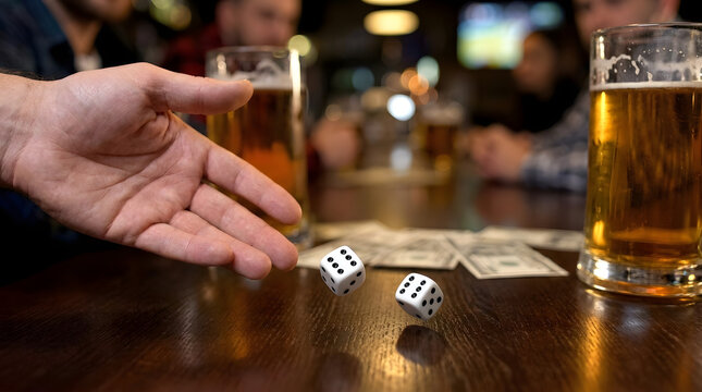 Hand throwing dice with beer and money in a bar.