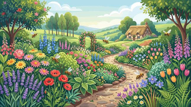 Colorful garden with flowers and bees on a stone path
