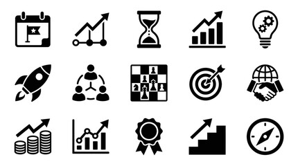 Fototapeta premium Sleek Black and White Business Strategy Icons Set Featuring Modern Symbols for Planning Growth and Success