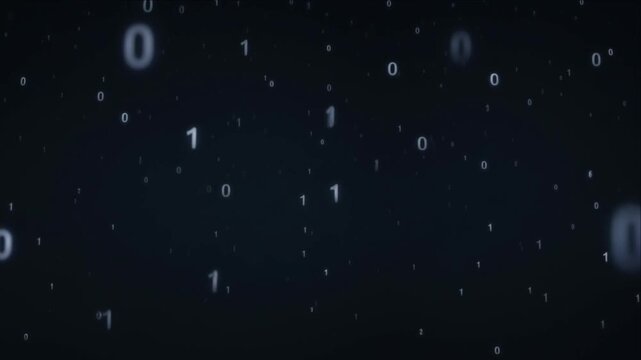 Cinematic binary data background with floating and falling glowing digital code on dark abstract technology screen creating futuristic cyber atmosphere and modern future network space concept art