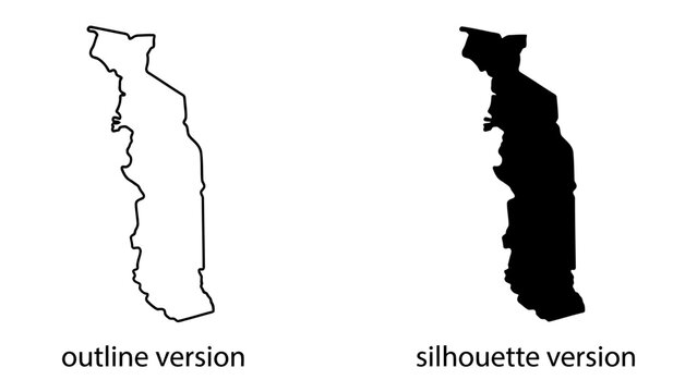 Togo Map Outline and Silhouette: Two distinct representations of the African nation of Togo, showcasing its geographical outline and a solid silhouette for clear identification and design use.