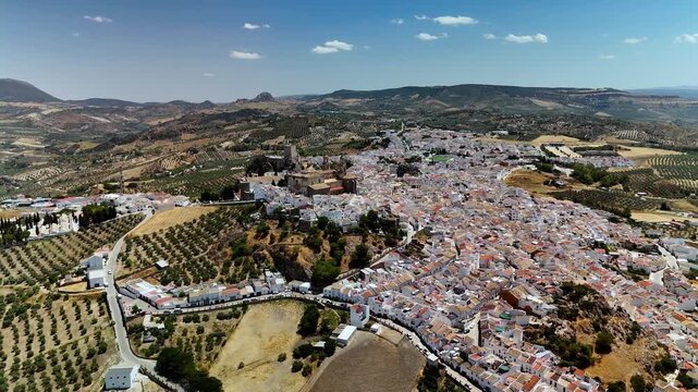 Aerial drone view of Olvera white village and castle, Cadiz, Andalusia