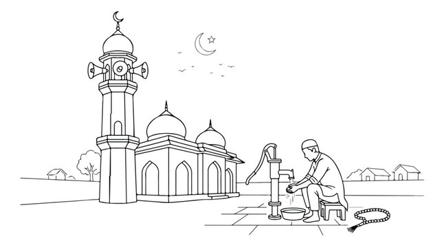 Islamic mosque line art, Muslim man performing Wudu, traditional religious purification ritual, Ramadan Kareem vector illustration, spiritual devotion, holy month celebration