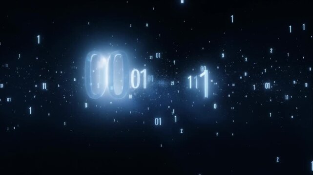 Cinematic binary data background with floating zero one digit dark blue abstract light glow digital code space for futuristic network technology and cyber security design with binary data background