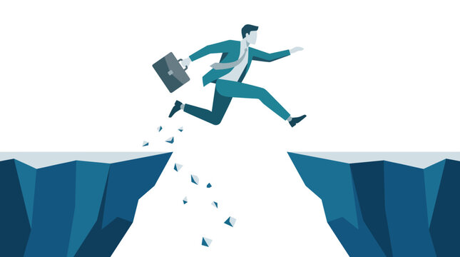 Businessman jumping over cliff, briefcase falling, risk taking concept, corporate challenge vector