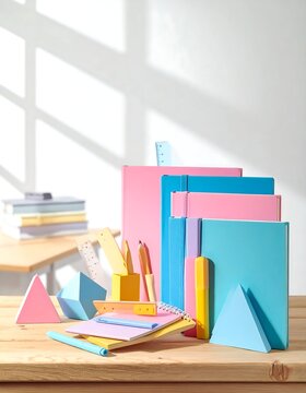 Colorful Stationery Supplies and Notebooks on Wooden Table.