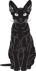 Black cat with large ears and whiskers sitting upright looking forward with white outline details on black fur and white background © Mofizul