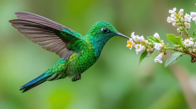 A magnificent emerald hummingbird in flight hovers to sip nectar from a delicate white and yellow flower