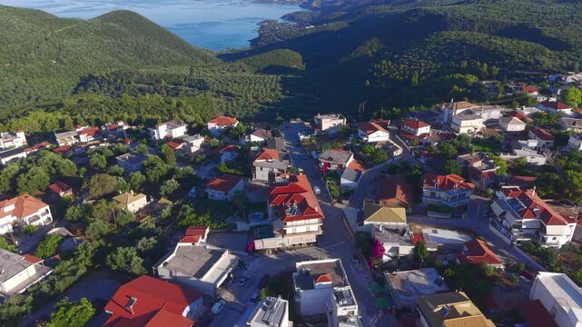 Aerial view of Perdika town on the Mediterranean coast of Greece