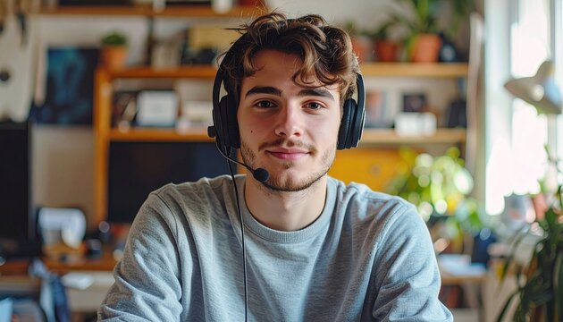 Young Man on Video Call in Modern Home Office in Casual Setting