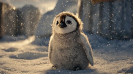 Fototapeta premium Adorable fluffy emperor penguin chick standing in snowy landscape