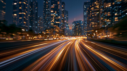 Naklejka premium Speeding Through the Metropolis: A dynamic long-exposure shot captures the exhilarating blur of light trails on a highway amidst a futuristic cityscape at night.