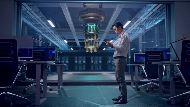 Full Body Side View Of An Asian Male Professional Worker Standing With His phone at Futuristic Quantum Computer Data Center Control Room, He Is Nodding His Head With Dissapionted