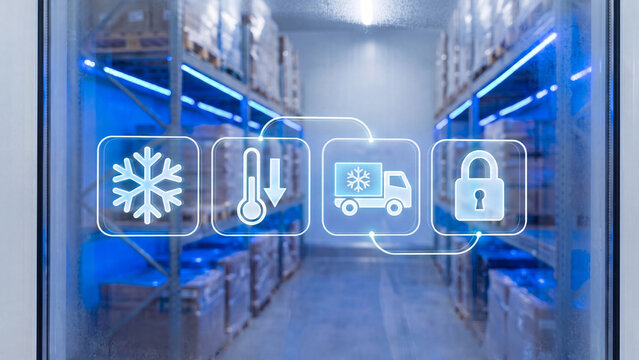 Cold chain logistics concept with snowflake thermometer refrigerated truck and padlock icons over frozen warehouse storage aisle background