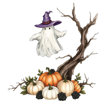 Cute Halloween ghost with witch hat and pumpkins clipart