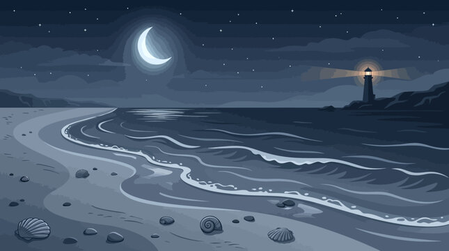 night beach scene with lighthouse and crescent moon