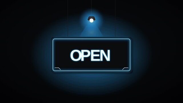 Open sign with glowing blue effect in dark background