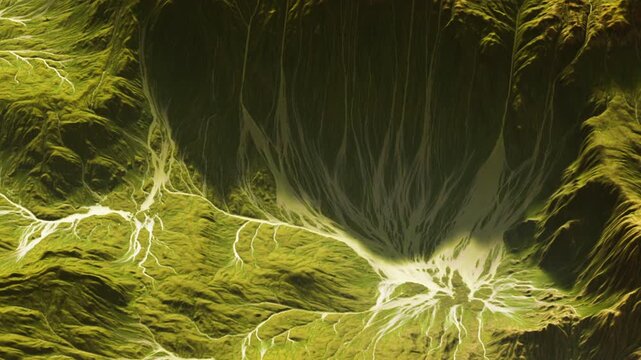 A large green landscape with multiple rivers running through it. The area features hills and valleys that create a unique design. The image captures a natural environment.