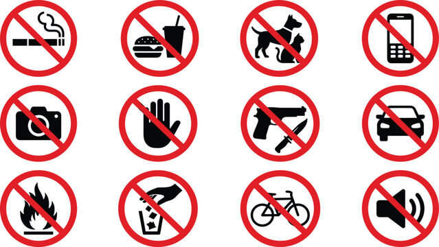 Red Circular Prohibited Sign Icon Set with Forbidden Symbols for No Smoking, Food, Pets, Phones, Cameras, Weapons, Littering, Vehicles, and Noise