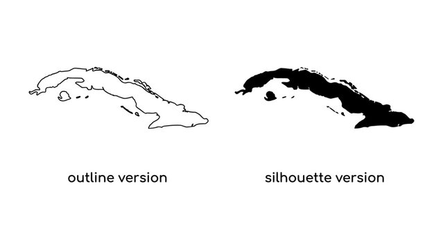 Cuba Map Outline and Silhouette: Two representations of the island nation of Cuba, one as a clean outline and the other as a solid silhouette, showcasing its geographical shape.