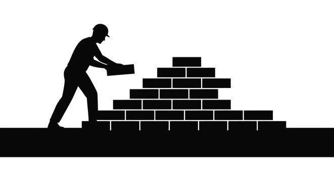 Bricklayer Silhouette Building A Wall Against A White Background