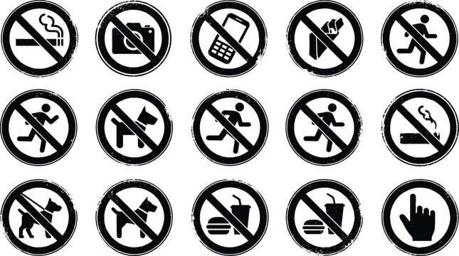 Vintage Distressed Black Prohibited Sign Icon Set Featuring Textured Forbidden Symbols for No Smoking, Cameras, Running, Dogs, Food, and Public Restrictions