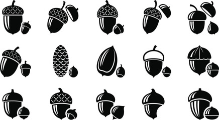 Black Silhouette Acorn and Nut Icon Set Collection for Autumn Nature Design © MDJAYNAL