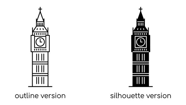Big Ben Icon Set: A graphic representation of Big Ben clock tower, presented in both an outline and silhouette version, symbolizing London's iconic landmark.