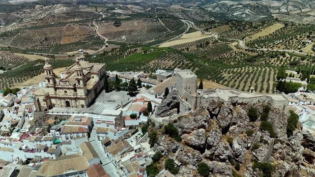 Aerial birds eye view of Olvera Castle and church, Andalucia, Spain