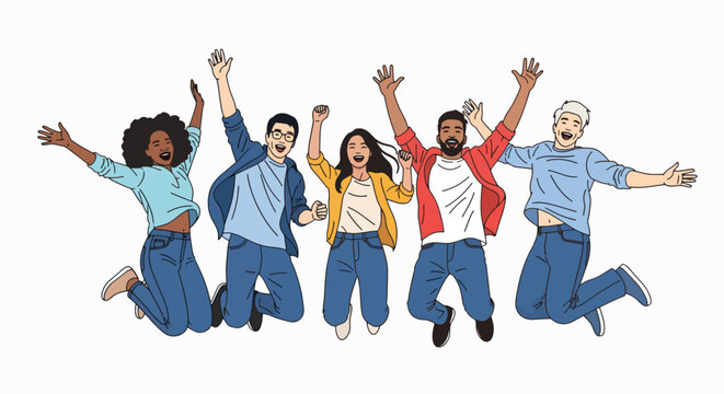 People jumping with hands up in celebration together outdoors