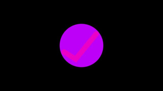Pink check mark icon inside purple circle animation on black background