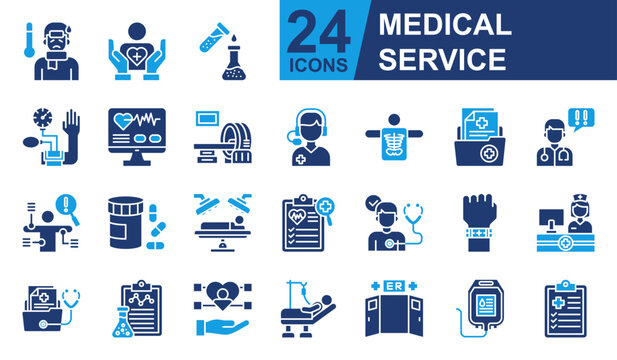 Medical Service Icons set vector illustration. Containing Patient Care, Blood Pressure, Symptom, Treatment Plan, Experiment Results and more. Simple solid icons collection.