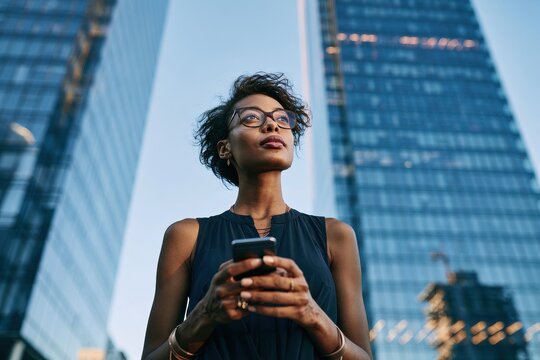Confident young businesswoman holding a smartphone while standing between two modern skyscrapers in the city center