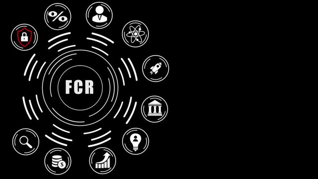 FCR concept infographic with icons and dot on dark blue First Contact Resolution customer service, abstract circles and gears background.4k Animation.technology video